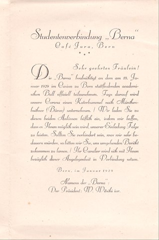 1929 - Einladung Ball/Katerbummel - Nachlass Vontobel v/o Brutus