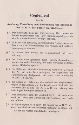 Singstudenten Bern - 1935 - Reglement Hilfsfonds